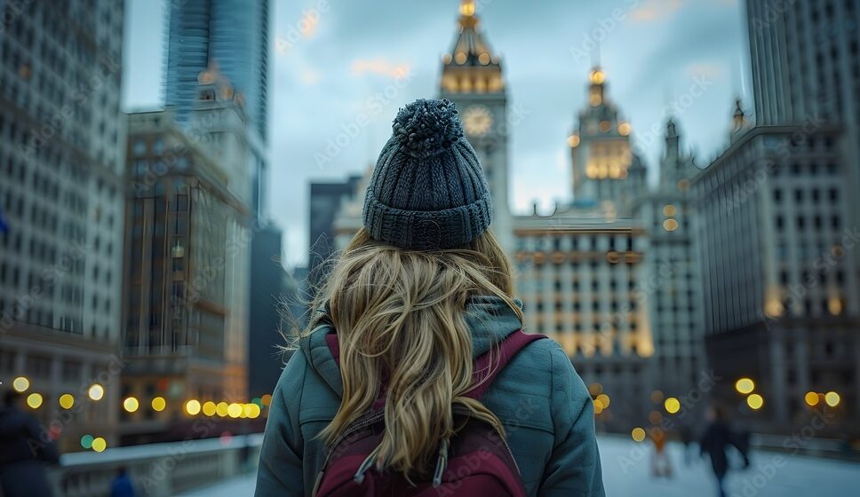 Person facing the Chicago skyline at dusk, with snow-covered buildings and skyscrapers in the distance during winter.