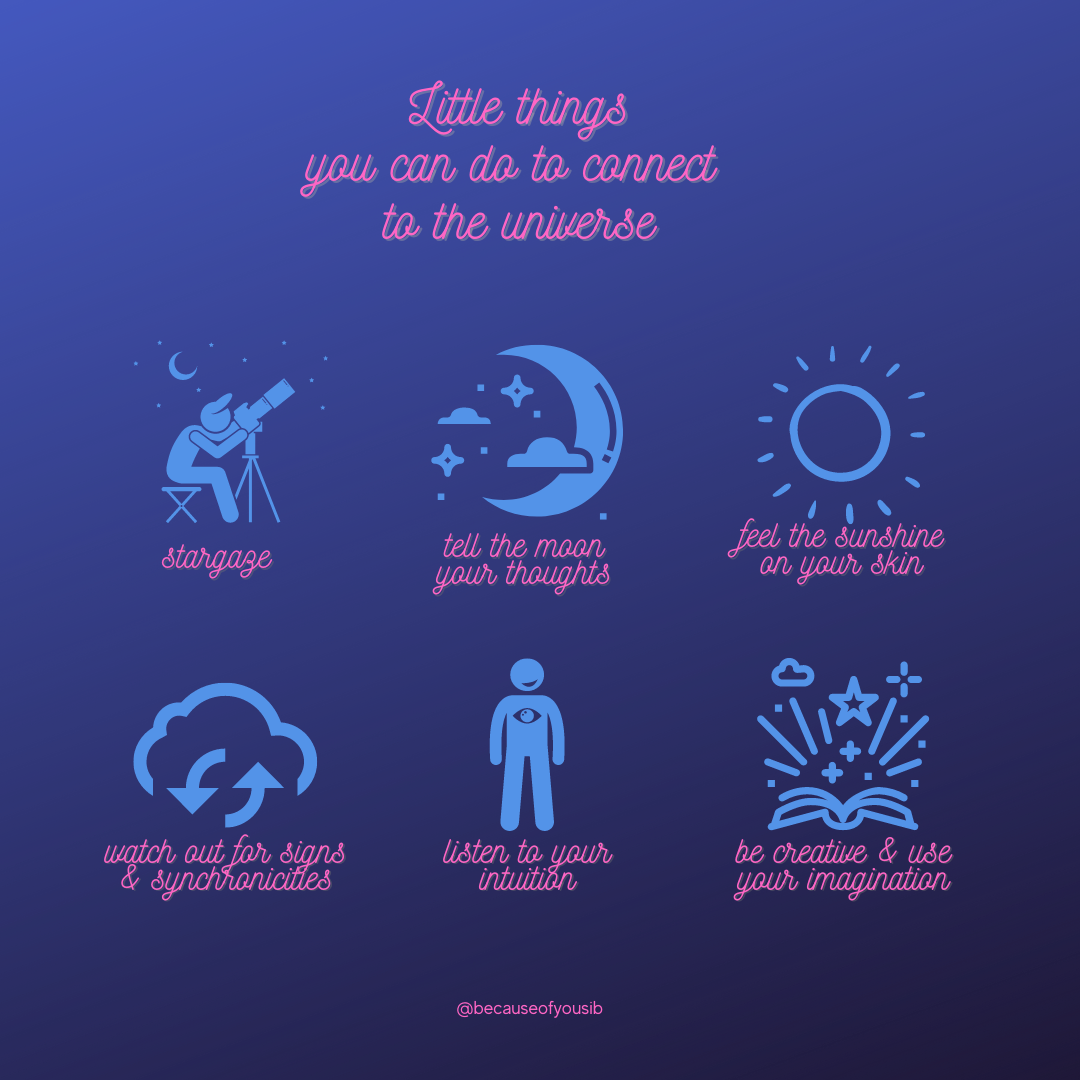 Instagram post listing ways to connect with the universe, with icons for stargazing, telling the moon your thoughts, and listening to your intuition.