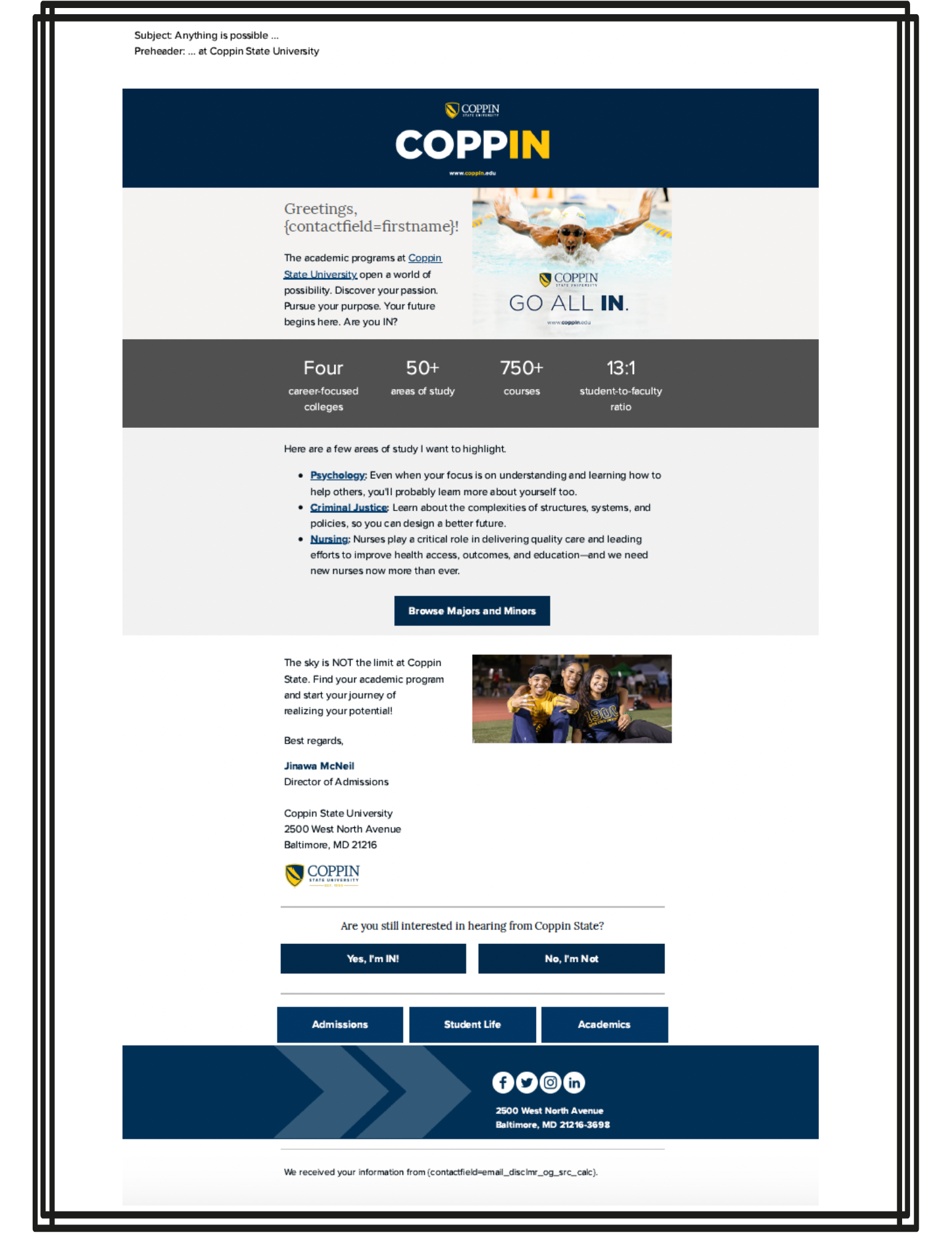 Email marketing example by Julie Tomlinson for Coppin State University, crafted to recruit high school students for lead generation.