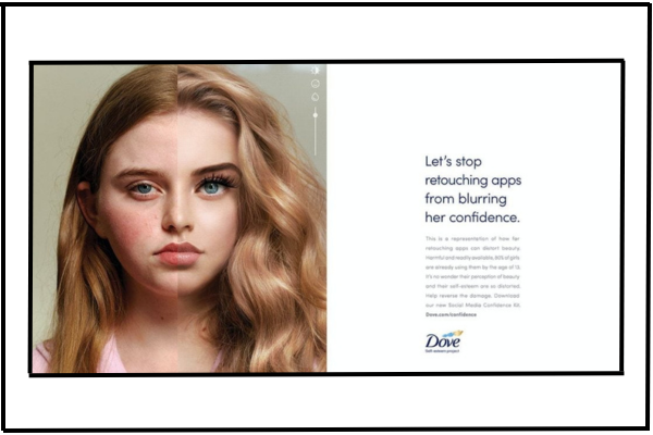 Image from Dove’s Real Beauty campaign showing a girl’s face with the left side un-retouched and the right side retouched, highlighting the impact of retouching apps on confidence.