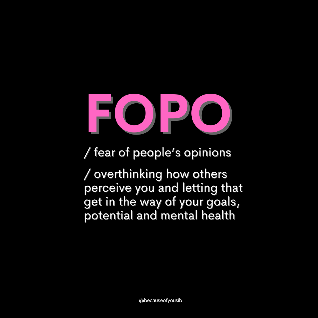 Instagram post with black background and pink headline, defining FOPO: Fear of People’s Opinions.