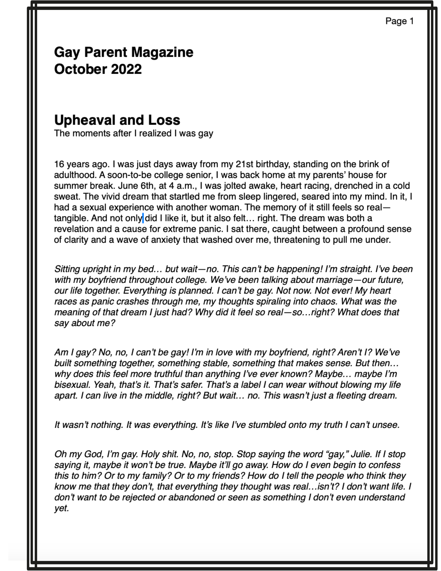 First page of the article ‘Upheaval and Loss: The Moments After I Realized I Was Gay’ by Julie Tomlinson, reflecting on the emotional chaos after a dream about a woman while in a relationship with a man.