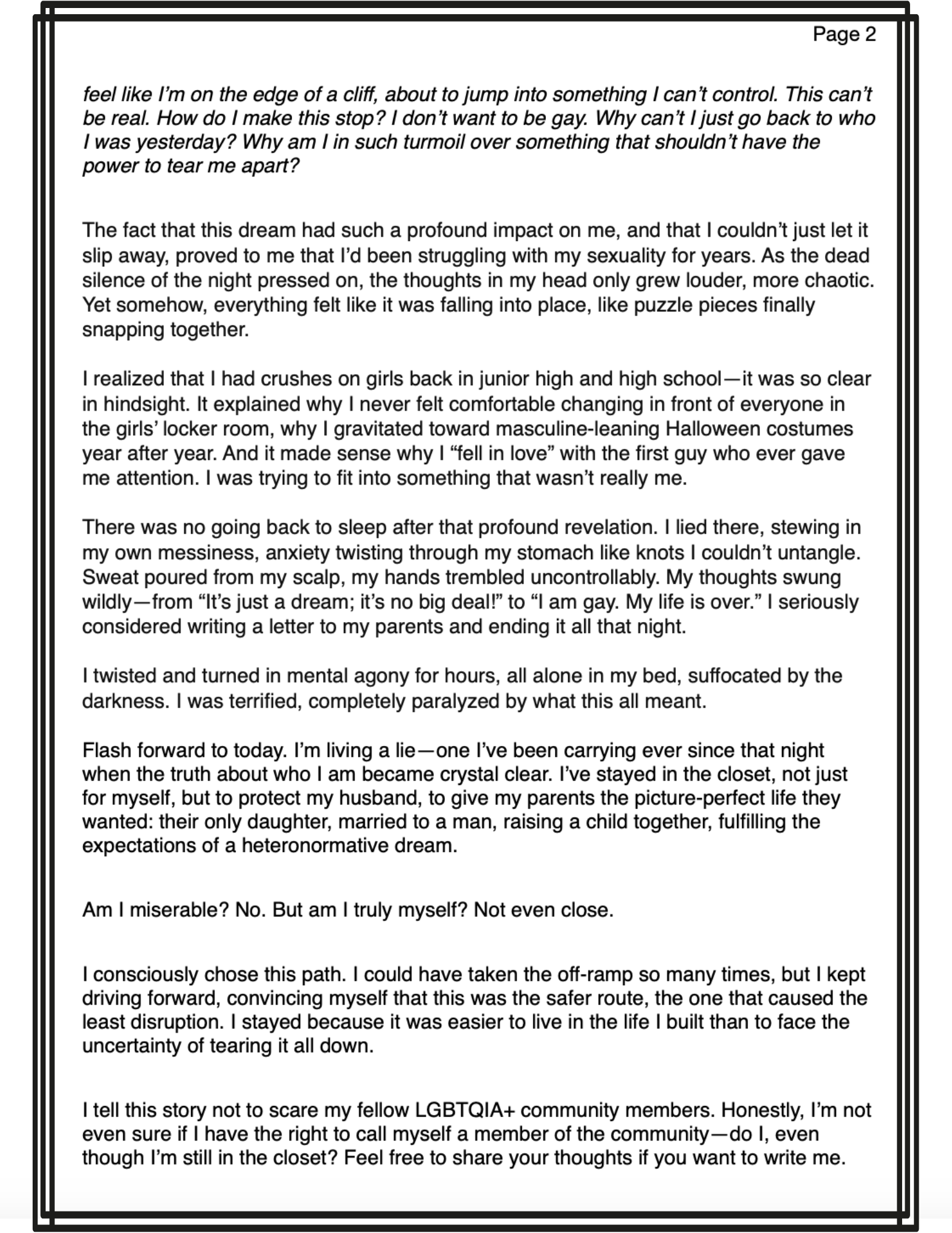 Excerpt from ‘Upheaval and Loss: The Moments After I Realized I Was Gay’ by Julie Tomlinson, highlighting the emotional impact of her realization and the struggle of keeping her secret.