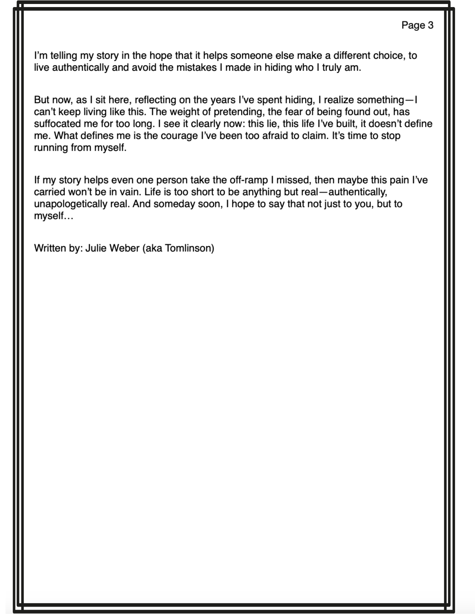 Last page of ‘Upheaval and Loss: The Moments After I Realized I Was Gay’ by Julie Tomlinson, reflecting on years of hiding her secret and the hope of helping others avoid the same path.