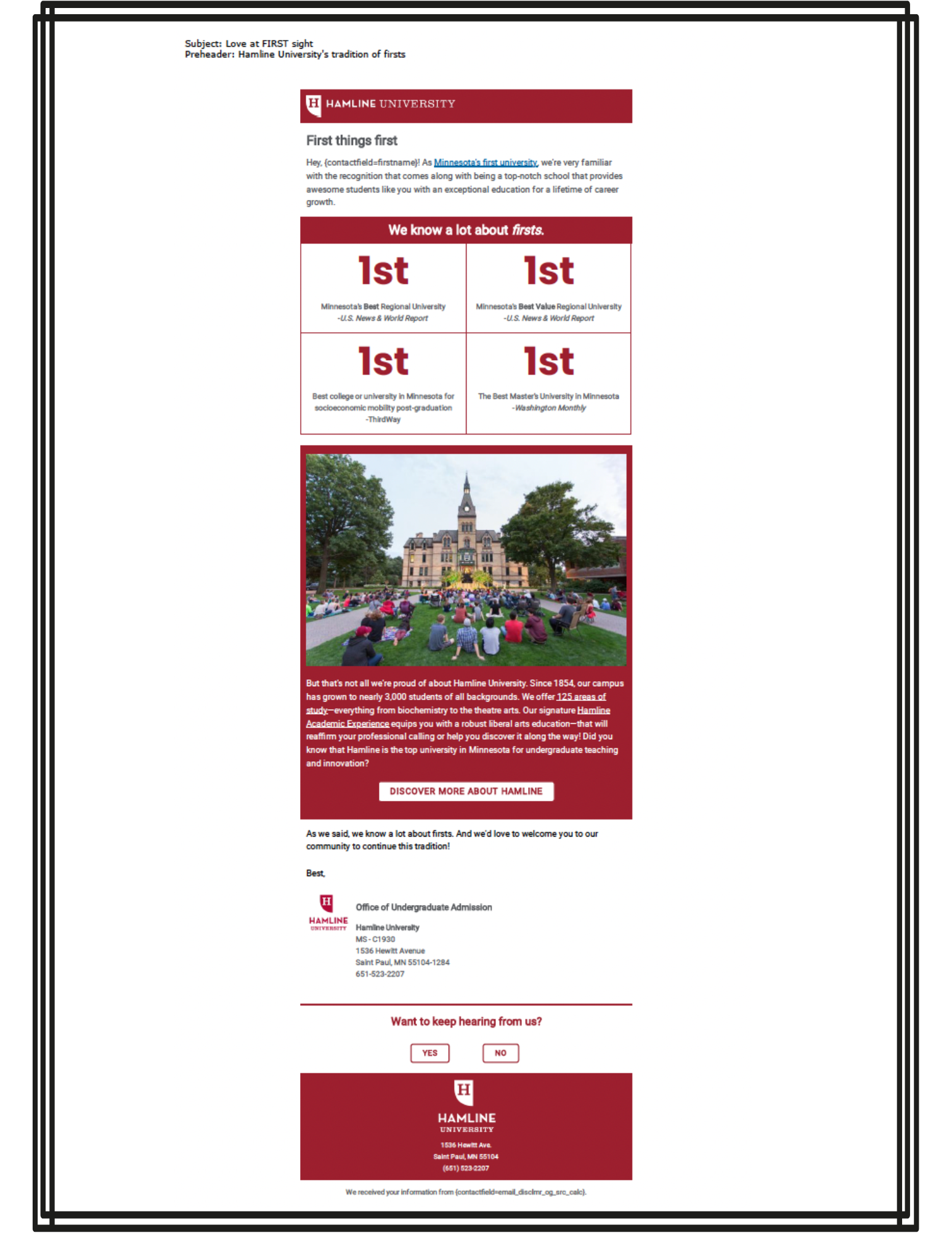 Email marketing example by Julie Tomlinson for Hamline University, crafted to recruit high school students for lead generation.