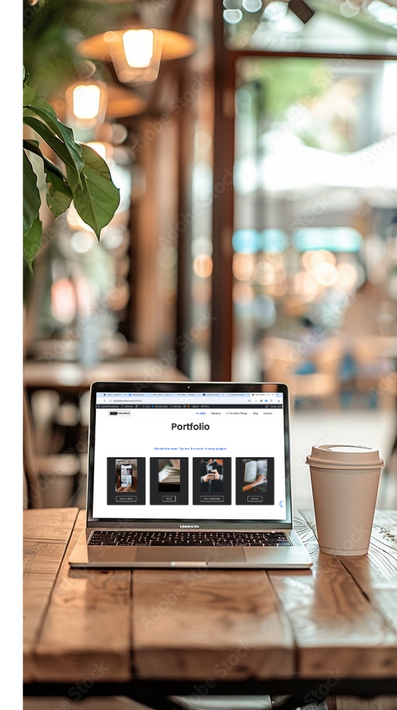 Laptop on a wooden desk in a coffee shop displaying the homepage of a portfolio website.