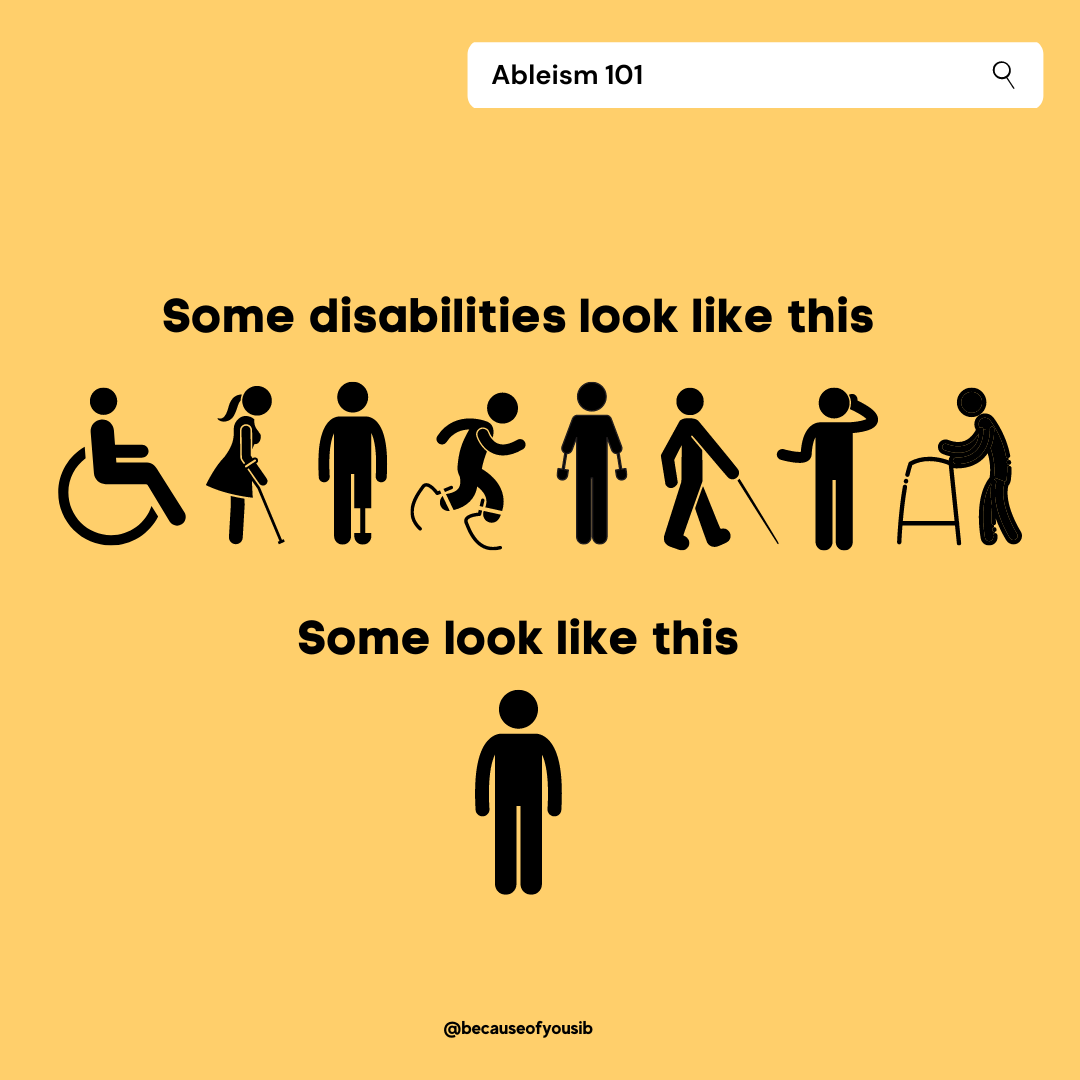 Instagram post for Because of You Sib showing silhouettes of people with visible and invisible disabilities, educating about ableism.