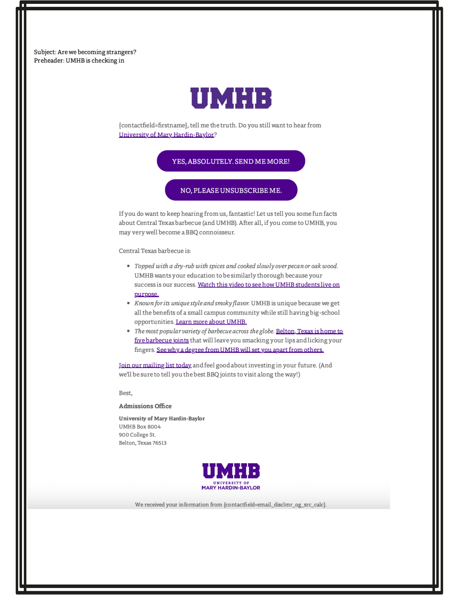 Email marketing example by Julie Tomlinson for UMHB, crafted to recruit high school students for lead generation.