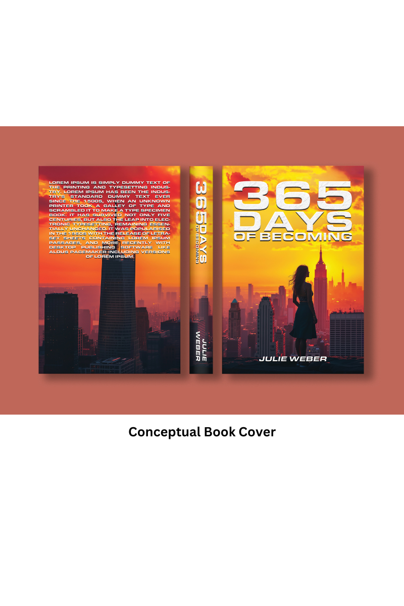 The conceptual book cover design for my debut novel--365 Days of Becoming--about a woman in her 30s on a self-imposed one year of no dating. 